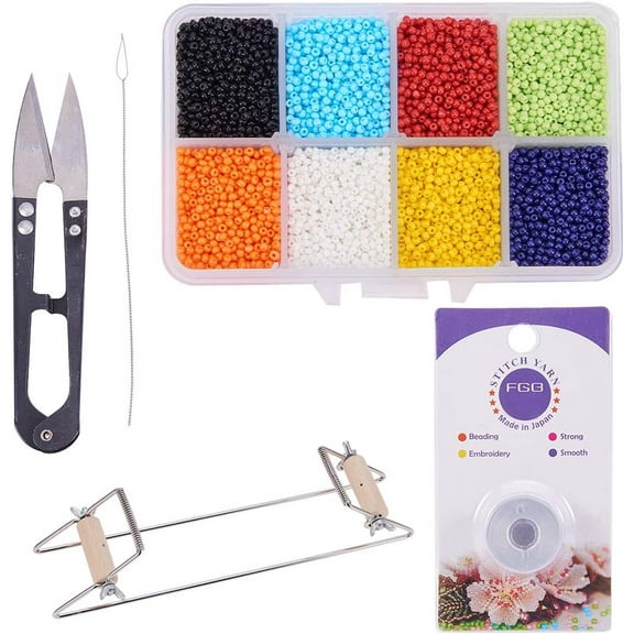 Bead Loom Kit - About 1600pcs 8 Color 12/0 Glass Seed Beads Steel Scissors Knitting Needle Threads for Necklace Bracelet Jewelry DIY Making