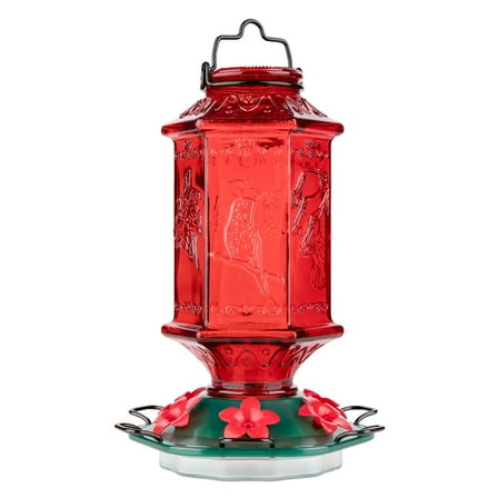 Billion Sky Hummingbird Feeder, Glass Hummingbird Feeders for Outdoors Hanging, Lantern Shaped Bottle, 6 Simulation Flowers Feeding Ports, 26 fl.oz, Leak Proof, Rustproof, Fade Proof, HBF-1229R (Red)