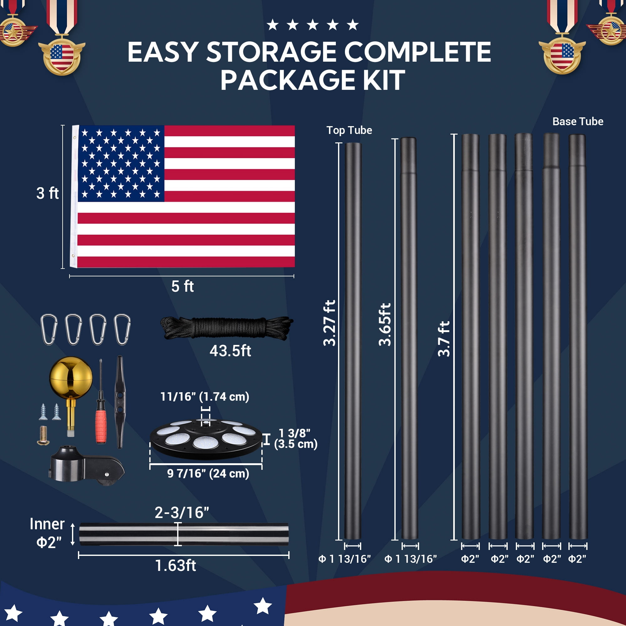 Yescom Bravery 25Ft Heavy Duty Sectional 13Gauge Aluminum Flag Pole Kit with 136 LED Solar Light US Flag Top Outside House Outdoor