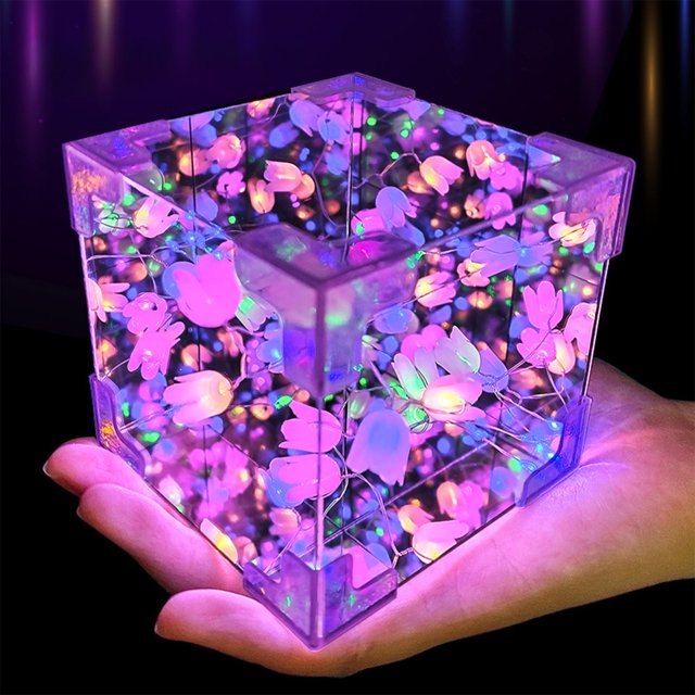 Apmemiss Tulip Night Light,Led Decorative Nights Lamp for Bedroom,Handmade DIY Magic Cube Tulips Flower Table Lamp and Mirror 2 in 1, Flowers Birthday Gifts for Women and Girl Gifts