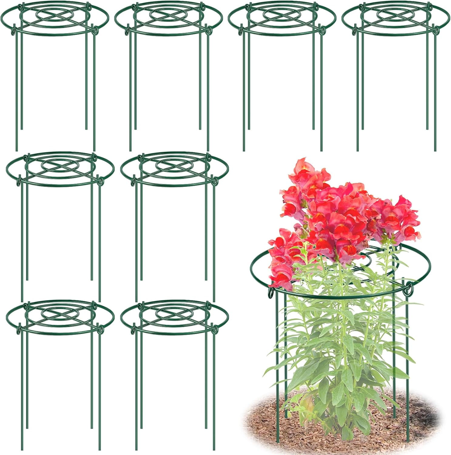 8 Pack Peony Cages and Supports, 11.5" Dx16 H Plant Supports for Outdoor Plants, Heavy Duty Metal Peony Support Cage Flower Support Rings, Plant Support Ring for Rose Tomato Hydrangea Strawberry
