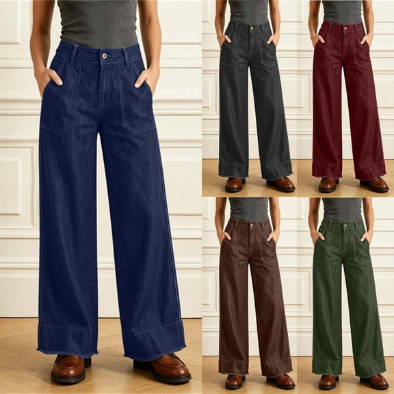 Fengqque Women's Pants Loose Wide Palazzo Trousers Patch Pocket Button Wide Leg Denim Pants Wine XL