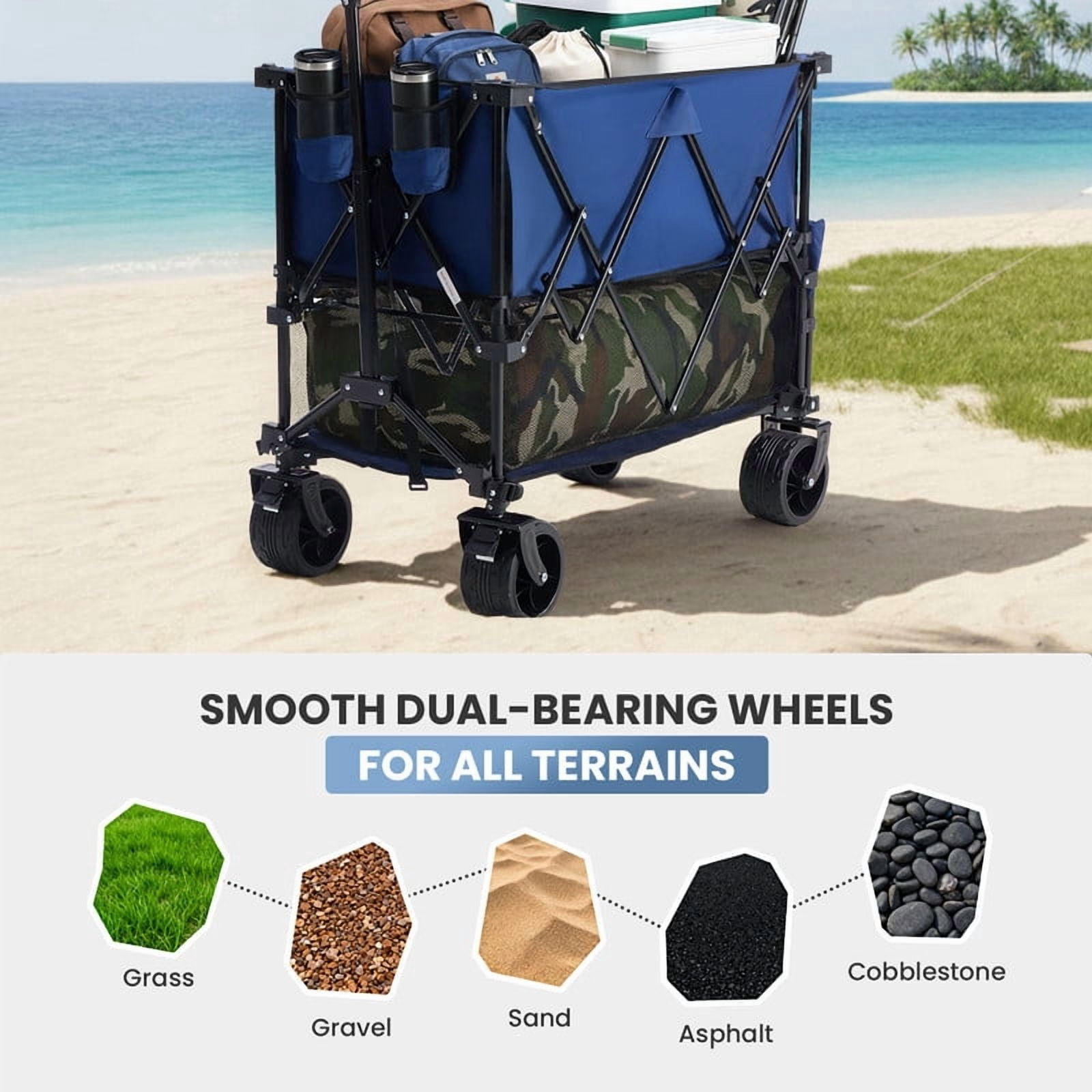 Gianna Folding Double Decker Wagon with Brakes, 54" Extra Long Extended Cart, Equipped with 7" All-Terrain Big Wheels for Camping, Sports，Blue