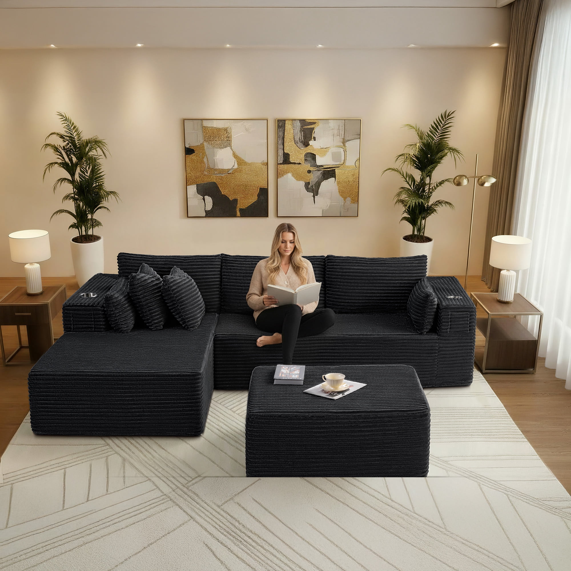 3 Seats Boneless Modular Cloud Sectional Sofa with Chaise & Ottoman, Extra-Wide Deep Seats Plush Corduroy Sleeper Soft Couch for Modern Living Rooms, Small Spaces & Apartments Black 108"-U Shape Left