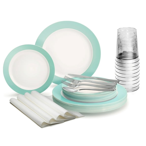 " OCCASIONS " 200 Pcs set (25 Guests)-Wedding Disposable Plastic Plates & cutlery - 25 x 10.25''   25 x 7.5''   Silverware Cups  Napkins (Rio in White & Pearled Turquoise)