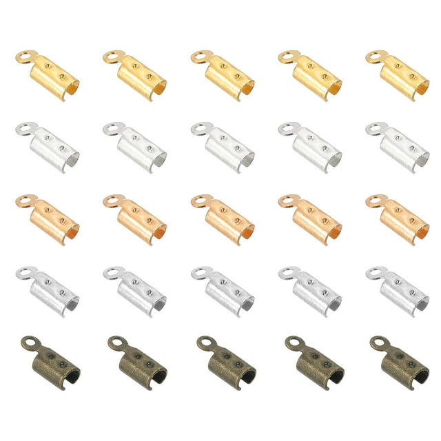 Uxcell 250Pcs Fold Crimp Ends Caps, Copper Fold Over Crimps Cord Ends Leather Ribbon Ending Clasp Tips Crimp End Tips for Jewelry Making, 5 Color (3 x 8mm)