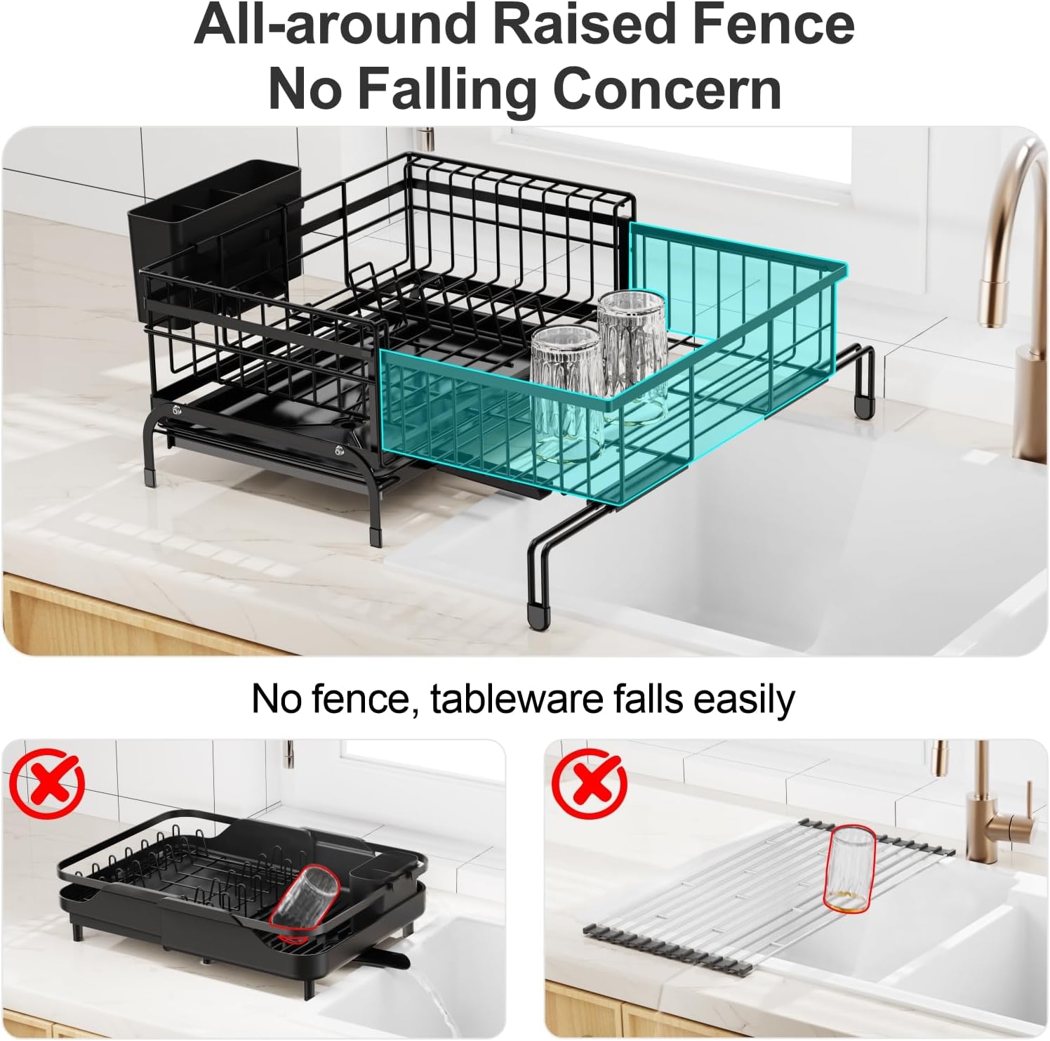 Expandable Dish Drying Rack - Anti-Rust 2-in-1 Dish Racks for Kitchen Counter and Sink, Compact Dish Drainer with Pan Slot, Dish Rack with High Raised Edges for RV and Apartment, Black