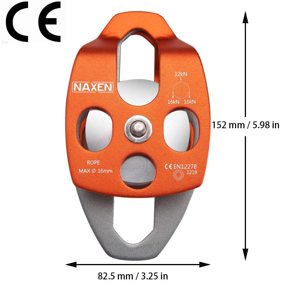 Orange NAXEN 32kN Double Pulley Ball Bearing Pulley with CE Certified for Climbing Mountaineering Caving Rescue 