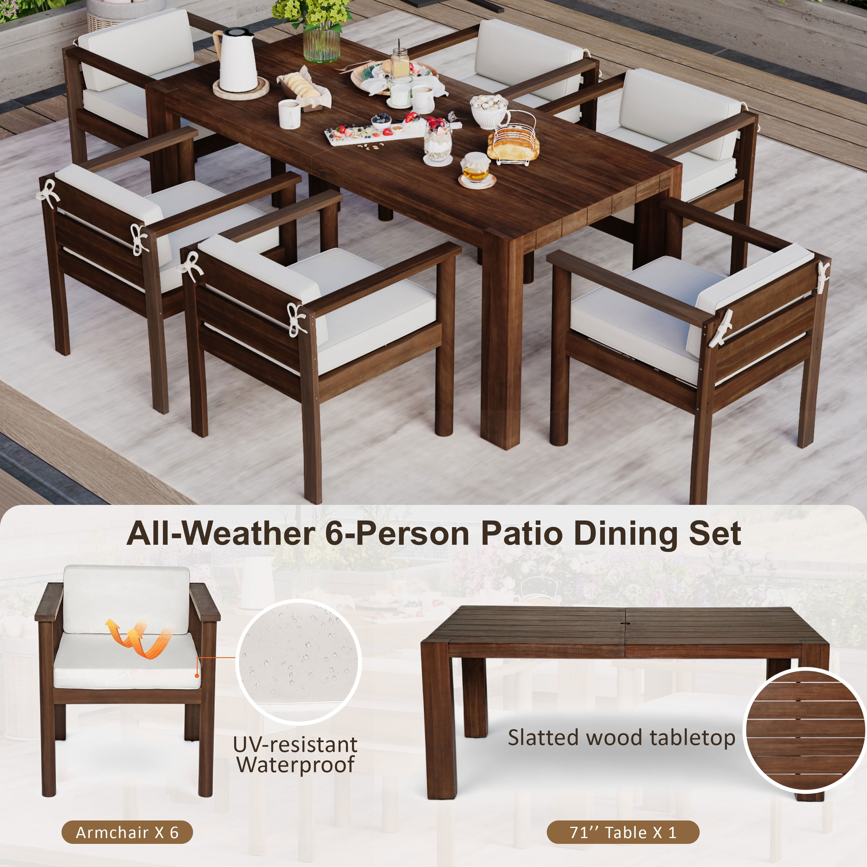 MAYEERTY 7-Piece Patio Dining Table Set for 6,Outdoor Furniture Sets with Removable Cushions for Backyard,Garden