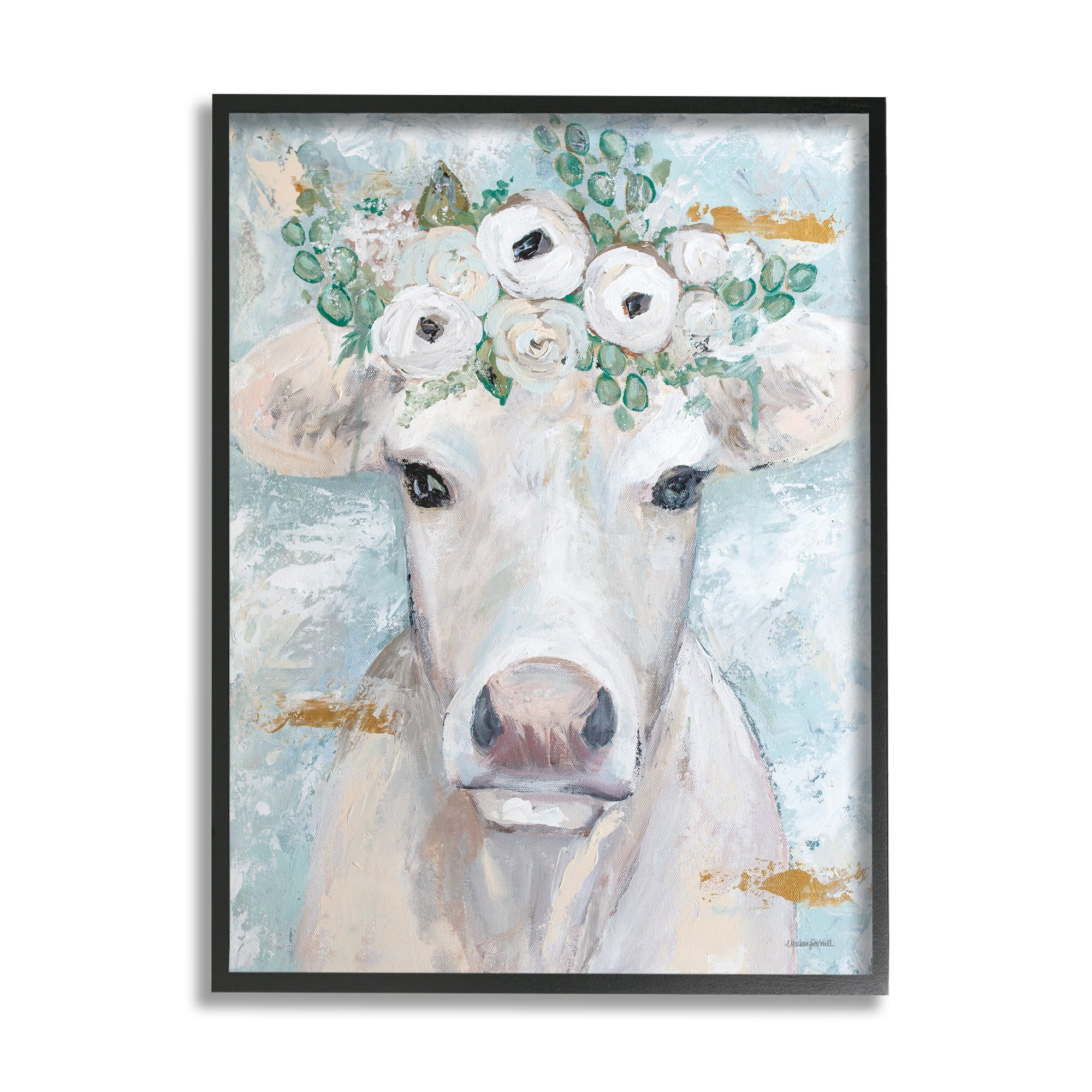 Stupell Industries Country Cattle Cow White Flower Crown Brushstrokes Framed Wall Art, 24 x 30, Design by Mackenzie Kissell