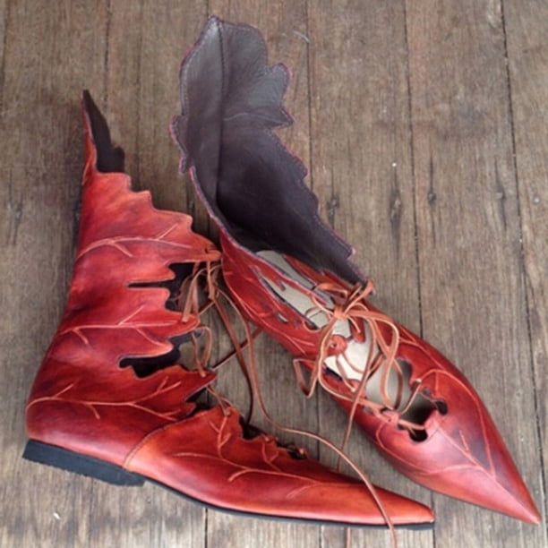 Zapatos con cordones de hojas de bruja de elfo gótico Medieval para mujer, accesorios de disfraces, botas de Caballero de fiesta de disfraces de carnaval, Cosplay de Halloween