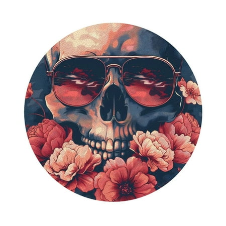 

Salouo Skull With Roses And Sunglasses Print Round Coaster Drink Coasters Leather Bar Beer Beverage Coasters for Drinks Set of 4 for Tabletop Protection Coffee Table Decor