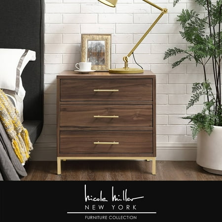 Rose Gold Nightstand Nicole Miller Gektor Walnut Nightstand - 3 Drawers | T-Bar Handle | Gold Stainless Steel Base | Wood Finish ()
