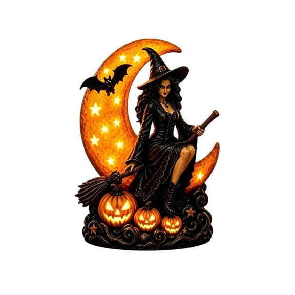 Halloween Witch Lamp, Resin Gothic Witch LED Night Light Statue, Sitting on Glowing Crescent Moon with Star Cutouts, for Indoor Party & Spooky Outdoor Halloween Decoration