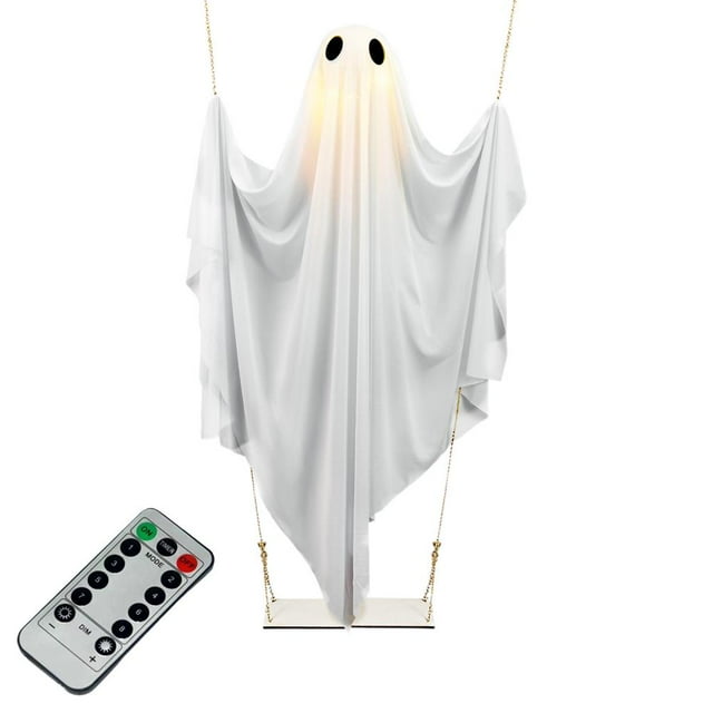 Halloween Decorations Outdoor 5FT Large Hanging Swinging Ghost Halloween Decor Indoor with Remote Control String Lights, Scary Spooky Ghost on a Swing Decorations for Front Porch Yard Garden Lawn