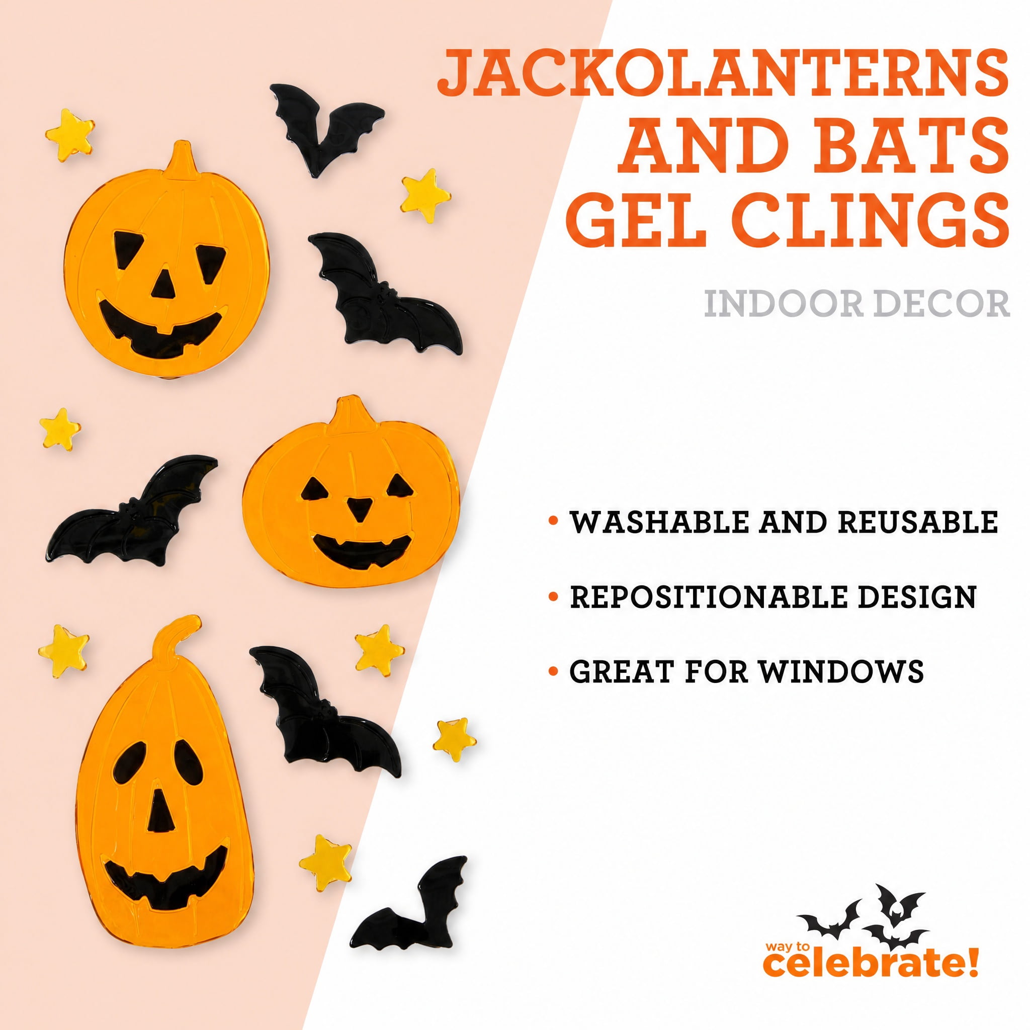 Jack-o'-Lanterns and Bats Gel Clings, Orange and Black, 5.5" x 12.1", Halloween by Way To Celebrate