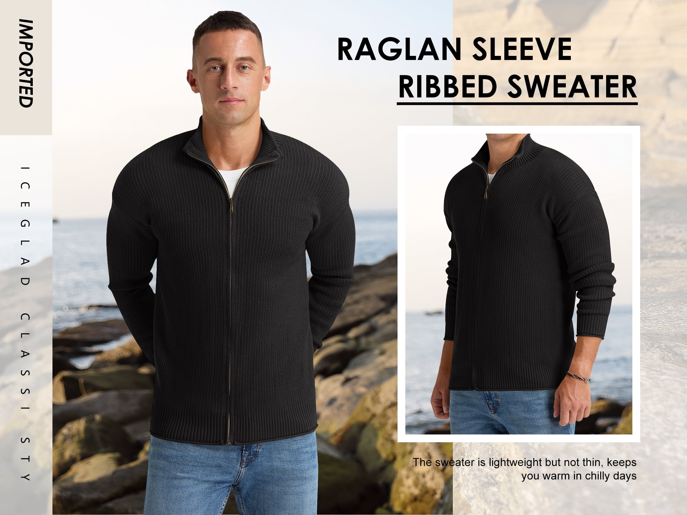 Iceglad Men's Knit Cardigan Sweater Full Zip Mock Neck Ribbed Long Sleeve Lightweight Knit Jacket