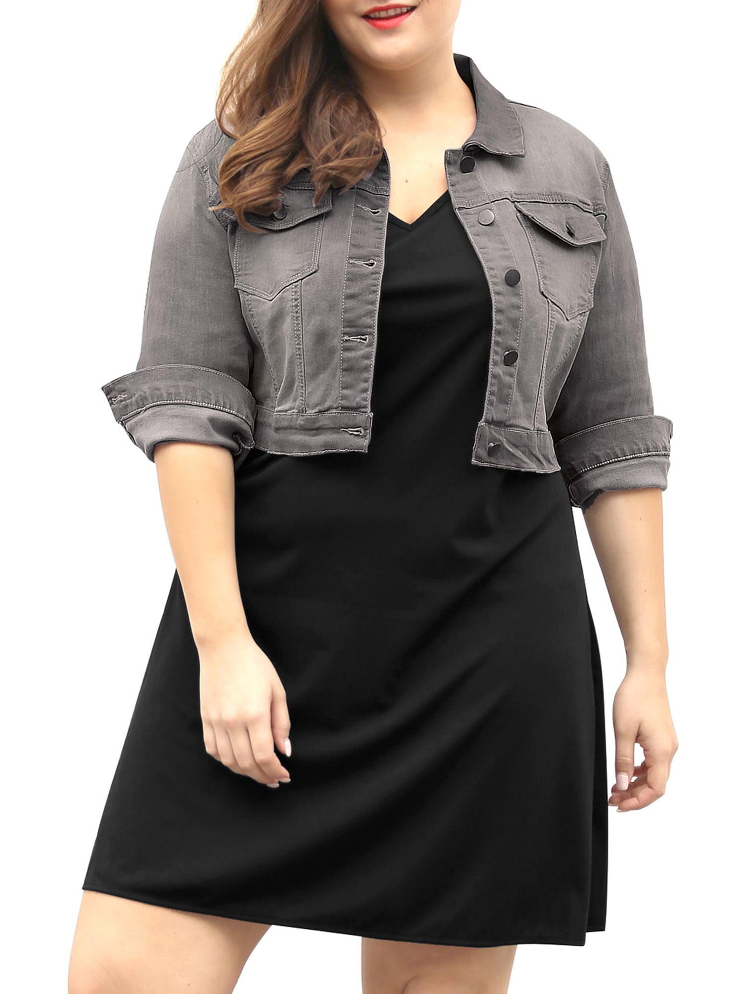 plus size cropped black denim jacket