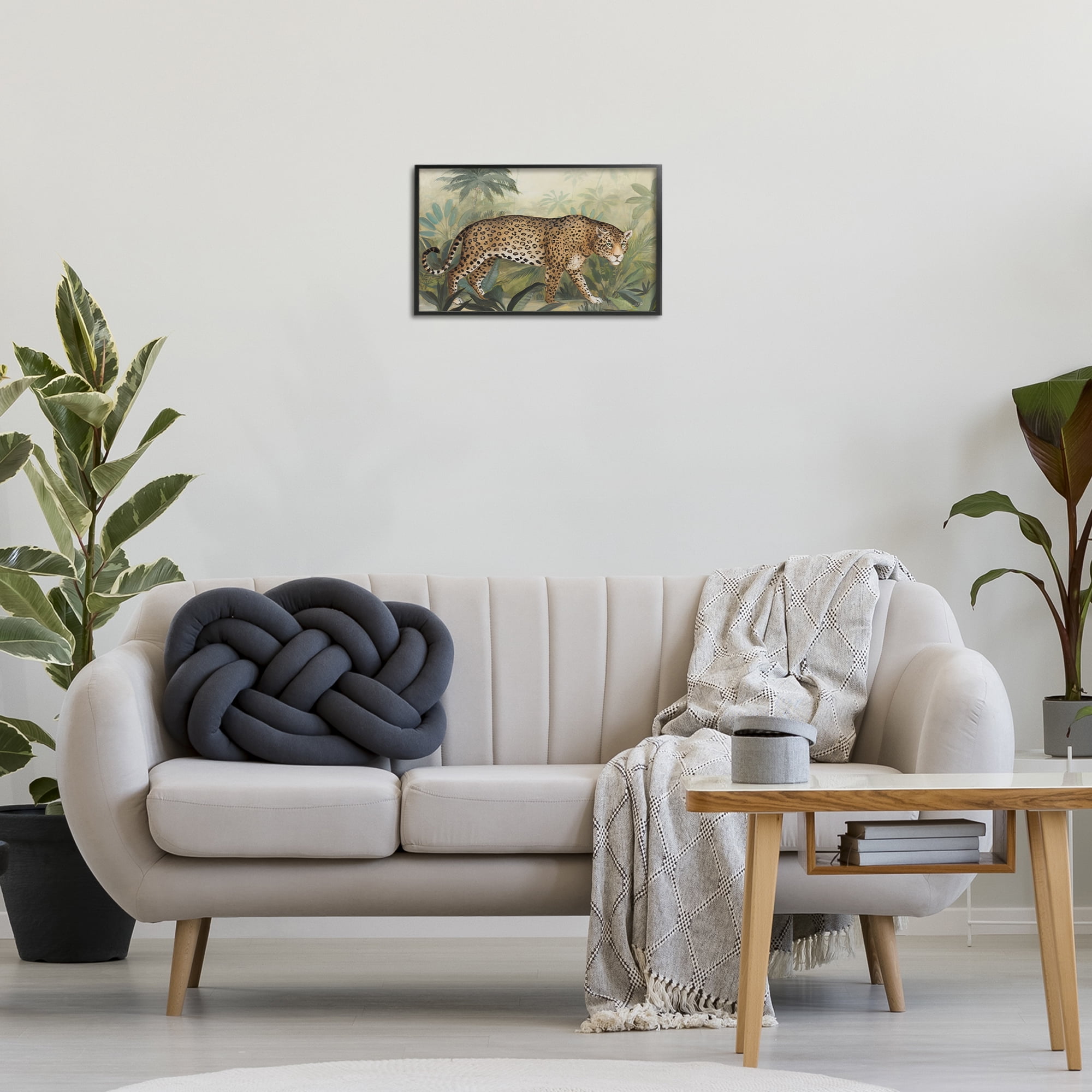 Stupell Industries Prowling Leopard in Forest Landscape Painting Black Framed Art Print Wall Art, 18 x 12