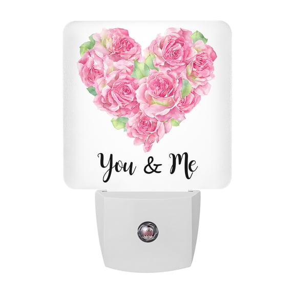 Night Lights Plug into Wall, Valentine's Day LED Night Light with Dusk to Dawn Sensor, Pink Roses Love Heart Romantic Decorative Nightlight for Hallway Bathroom Kitchen