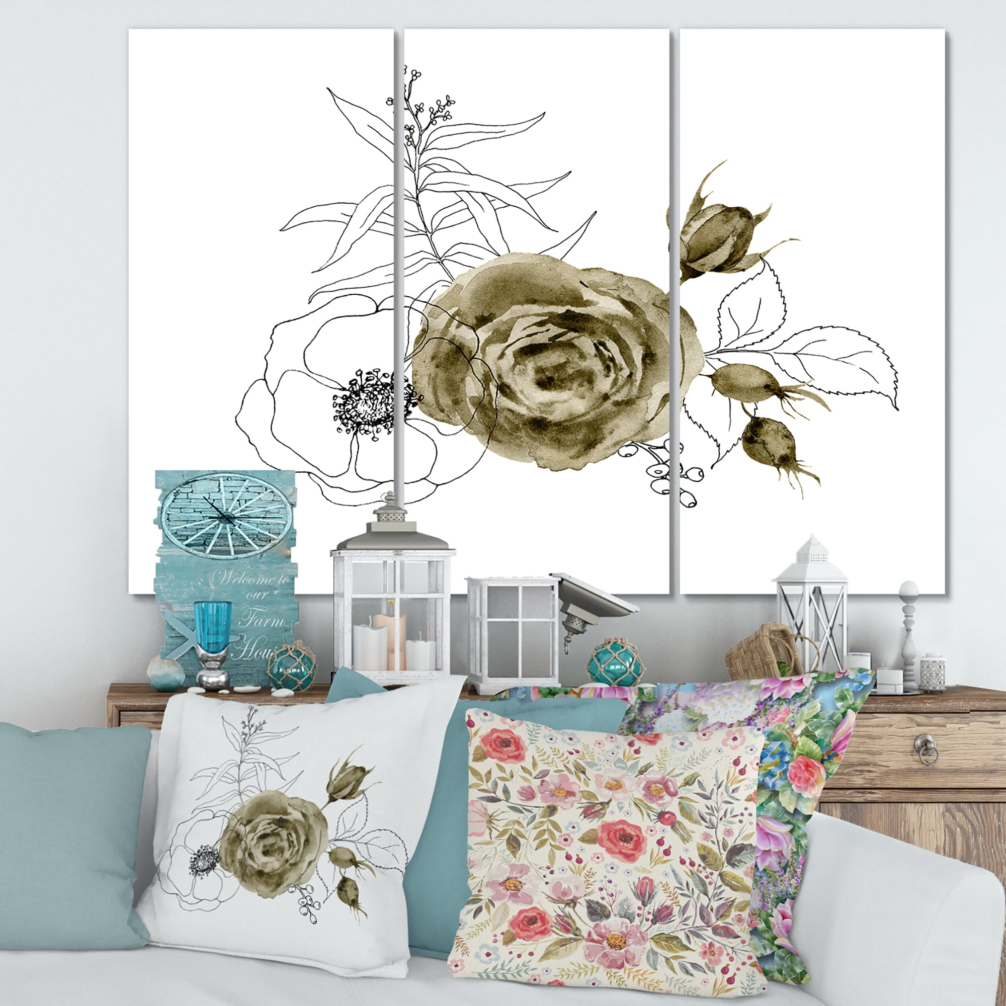 Designart ' Eucalyptus Branches With Anemone Bouquet Flower I ' Traditional Canvas Wall Art Print