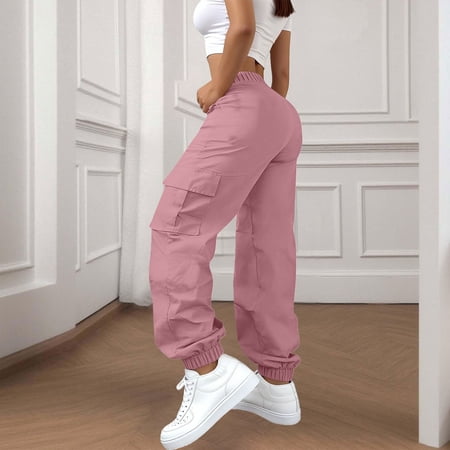 Women s Cargo Pants High Waisted Joggers Baggy Cuffed Ankle Pants with Pockets Stretchy Casual Work Trousers for Hiking Streetwear and Daily Wear-Pink
