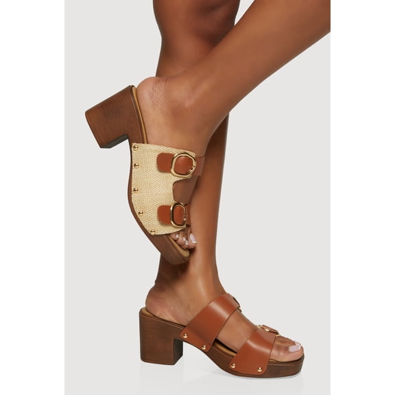 Women's Metallic Buckle Double Banded Open Toe Block Heels