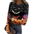 thumbnail image 3 of JGNGSHN Long Sleeve Halloween Shirts for Women Casual Round Crew Slim Fit Stretch Ribbed Funny Pumpkins Skull Printed T-Shirt, 3 of 8