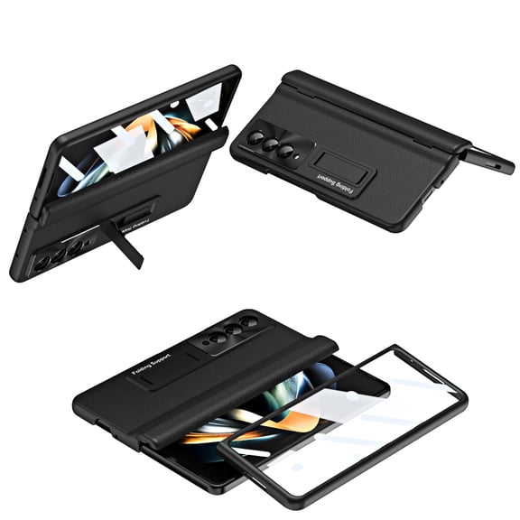 for Samsung Galaxy Z Fold 3 Case with Magnetic Hinge Protection, Built-in Tempered Glass Screen Protector Adjustable Stand Shockproof Thin PU Leather Hard PC Folding Cover, Black