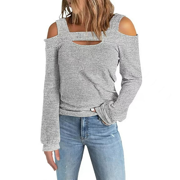 Women's T-Shirts Ladies Fashionable Casual Solid Color Off Shoulder Loose Long Sleeve T Shirt - Women's Apparel for Everyday Wear