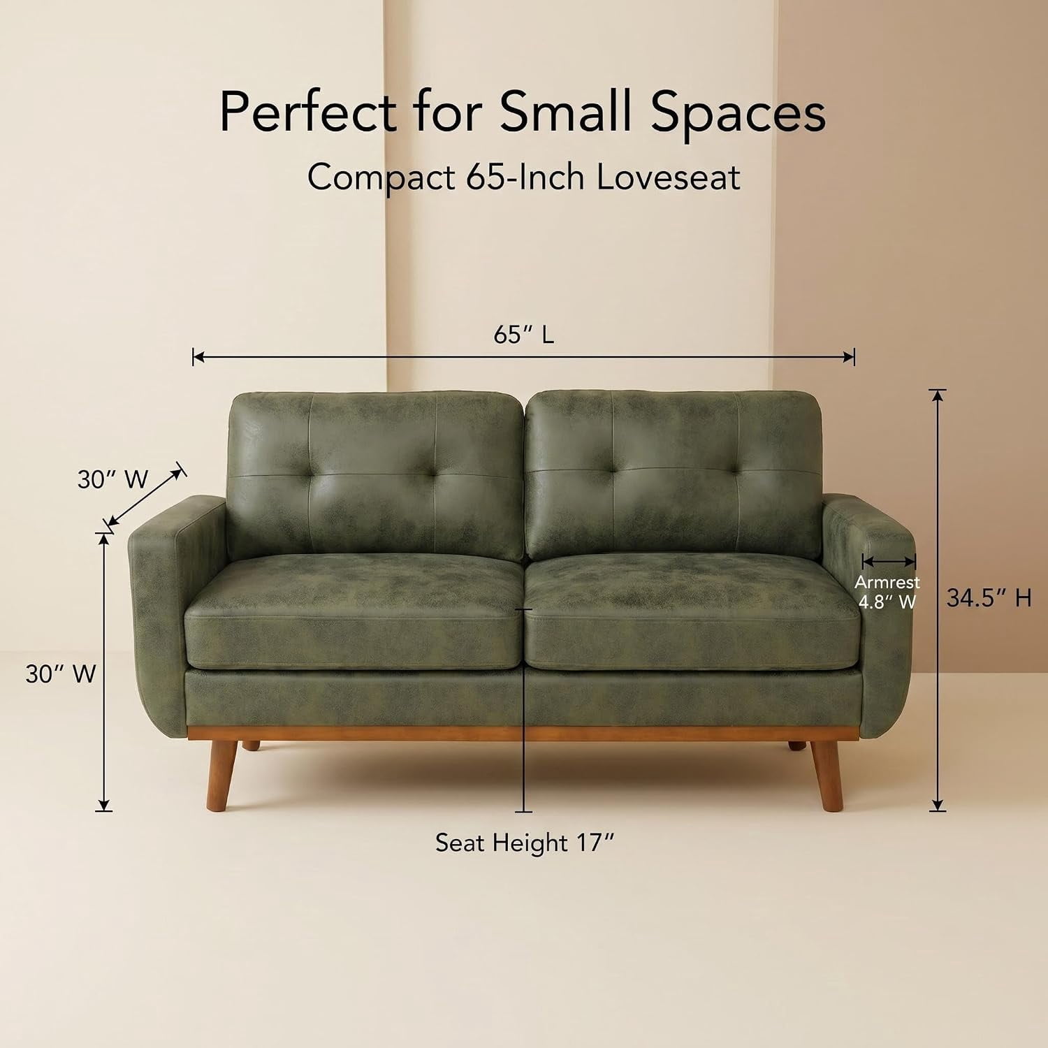 MOONMISS 65" Loveseat Couch, Modern Small Sofa With Walnut Wood Legs 2-seater Fabric Upholstered Mini Sofa Couches For Small Space,living Room Bedroom Office Dorm Apartment,Olive