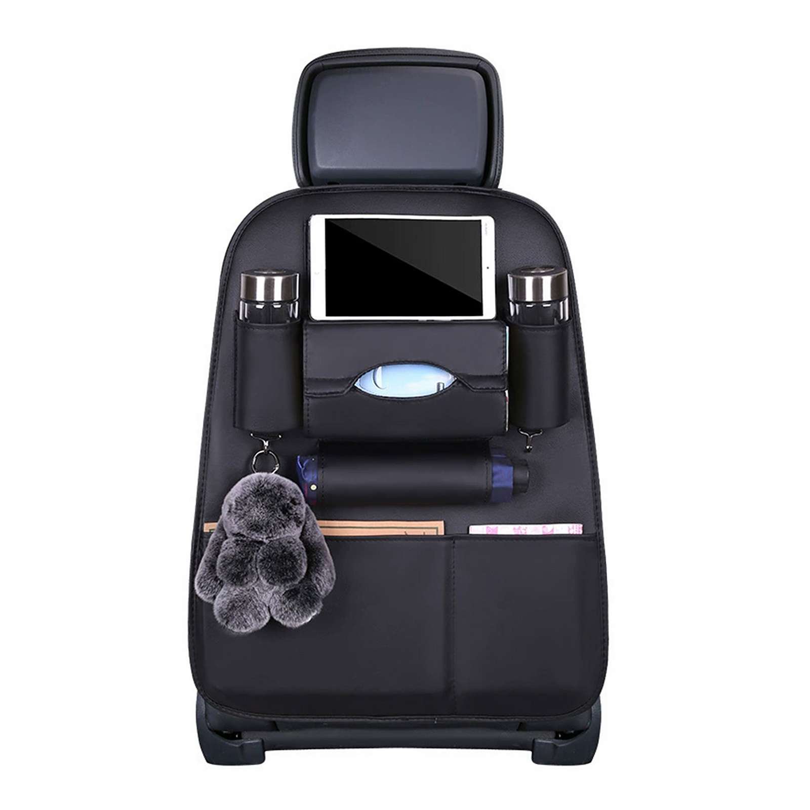 Leather Car Seat Back Organizer with Foldable Tray Table, Multi-Pocket Backseat Storage with Tablet Holder, Cup Holder, Tissue Box, Kick Mat Seat Protector for SUV and Road Trip Essentials