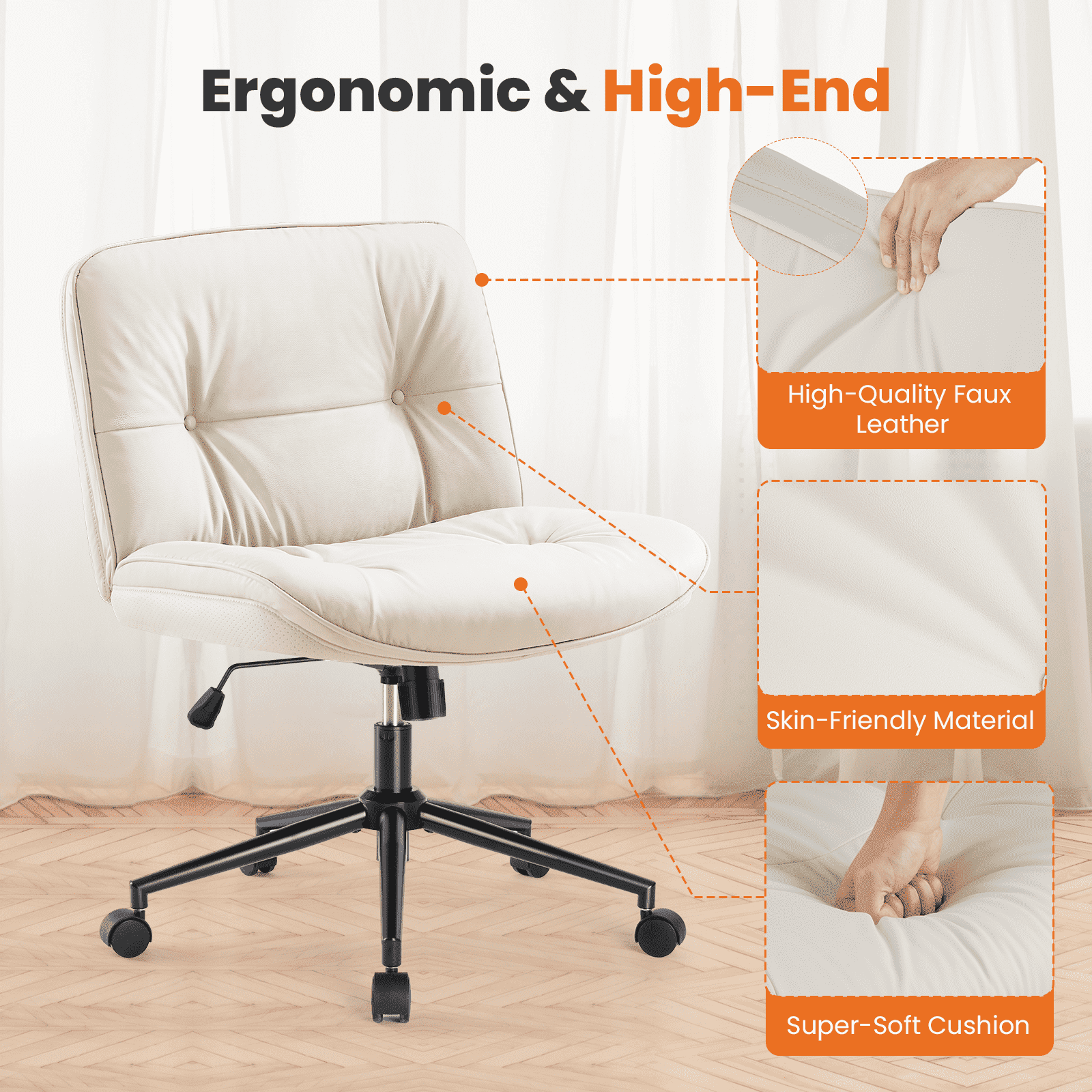 MAYEERTY Criss Cross Legged Office Chair, Armless Wide Seat with Wheels, Swivel Height-Adjustable Comfy Computer Task Seating