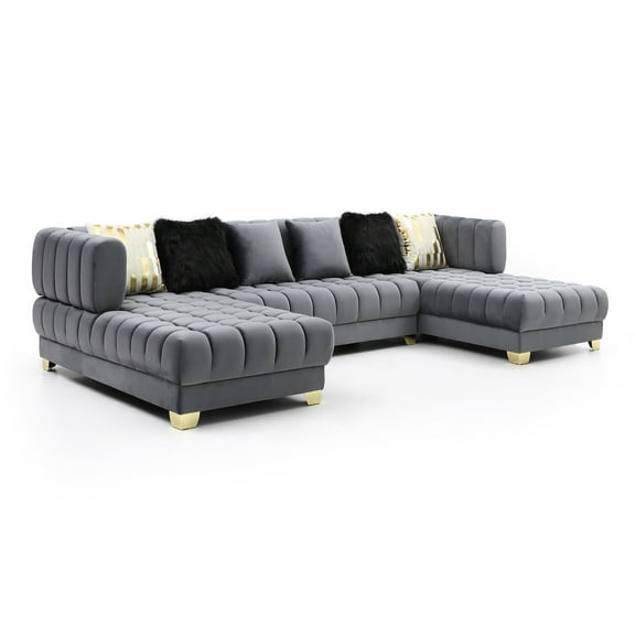 Marigold Gray Velvet U-Shaped Double Chaise Sectional Sofa Gold or Silver Legs