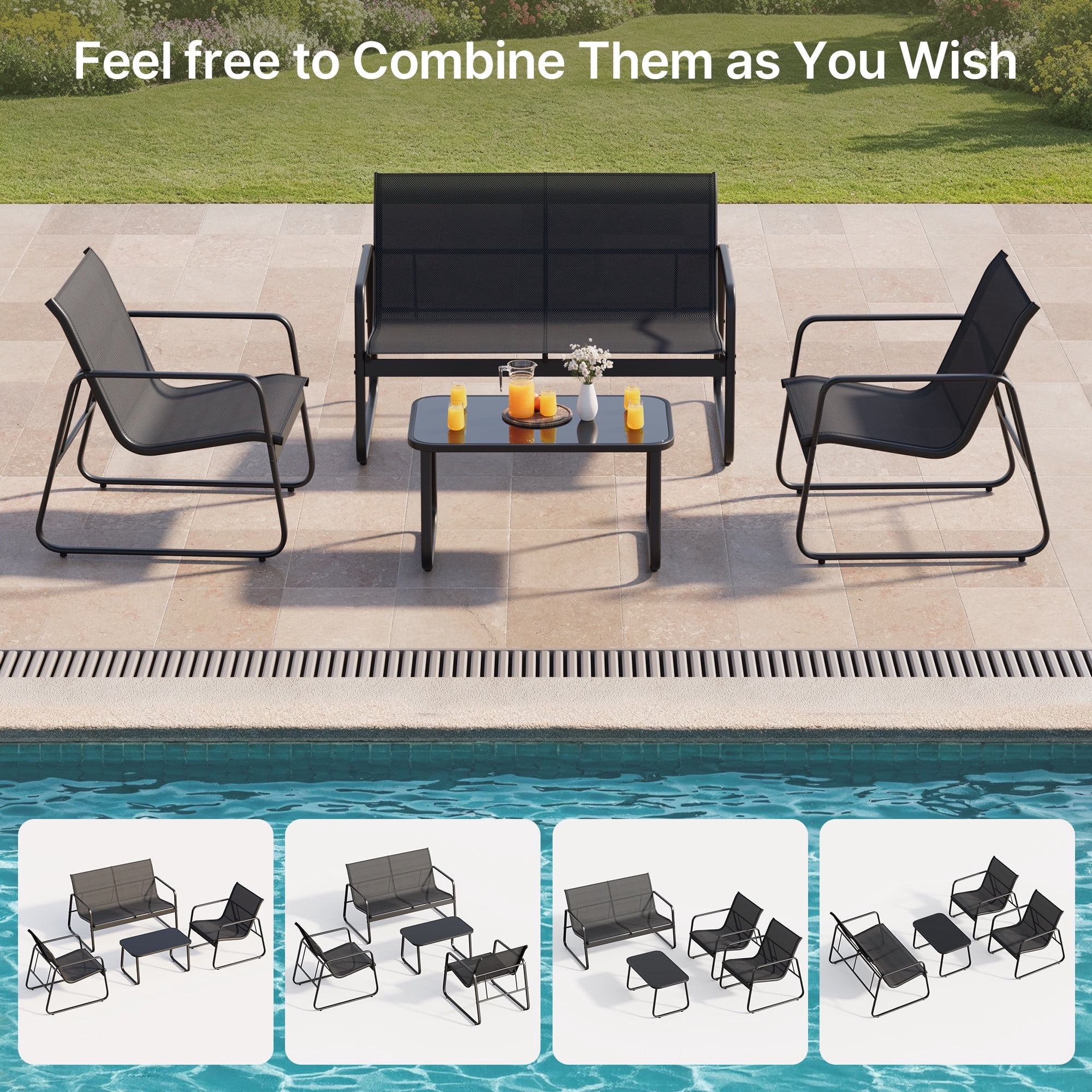 4 Piece Outdoor Patio Furniture Set, Modern Black Conversation Set with Loveseat, Chairs & Glass Table for Porch, Balcony, Garden, Backyard, Poolside