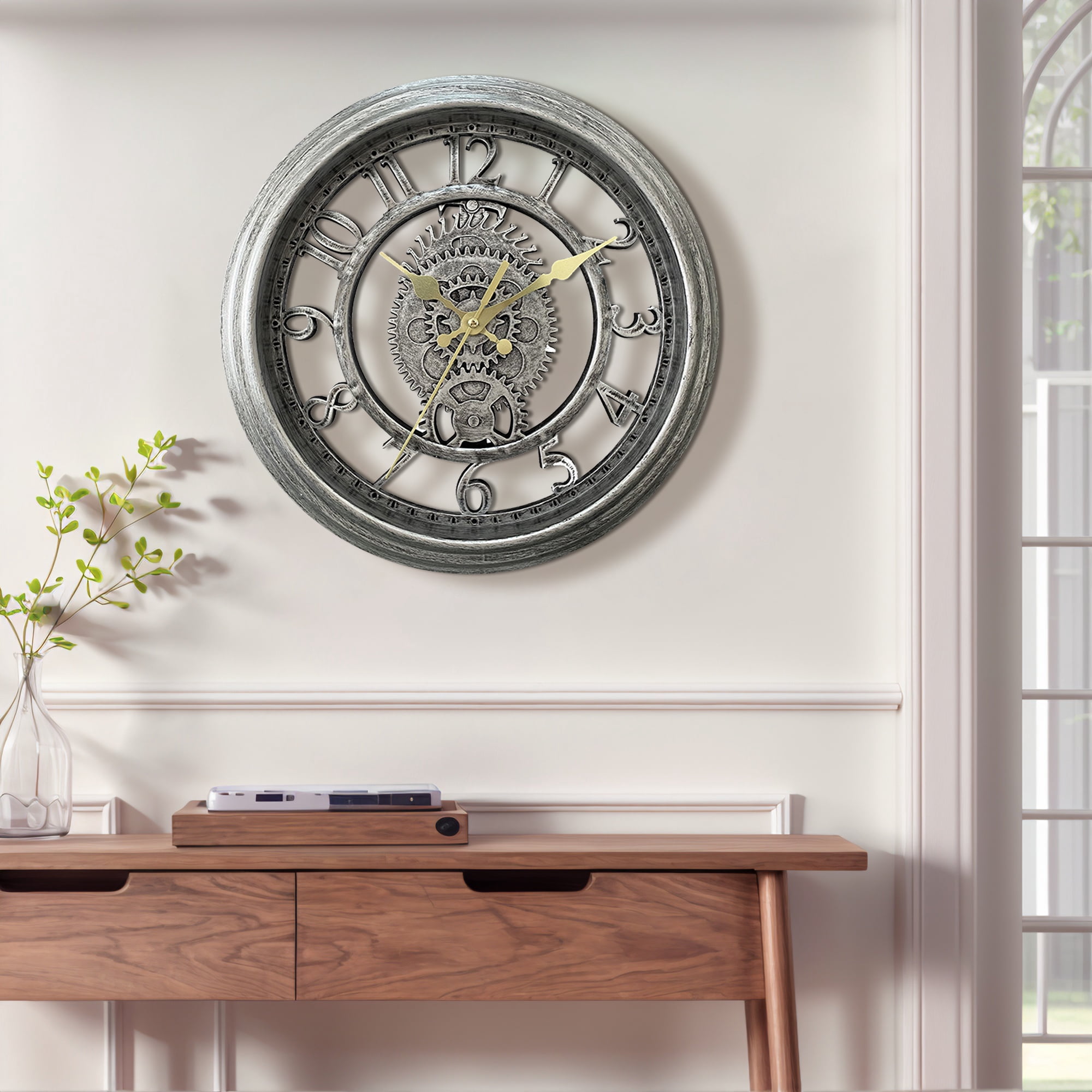 Unique Bargains Rustic Farmhouse Gear Clock with Moving Gears Wall Clock Silver