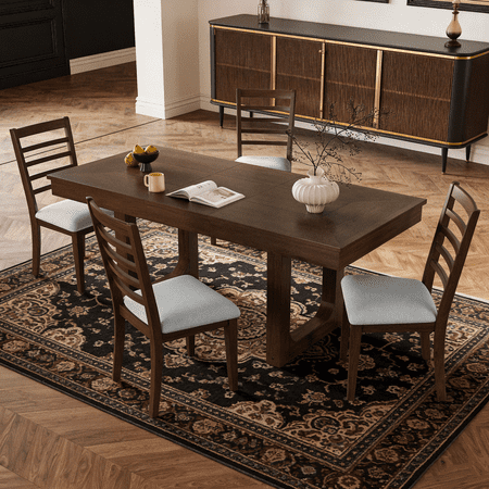 5-Piece Extendable Dining Table Set Farmhouse Extendable Table with 18 Move Leaf 78 Rustic Wooden Kitchen Table and 4 Upholstered Chairs Expanding Dining Room Table Set Walnut