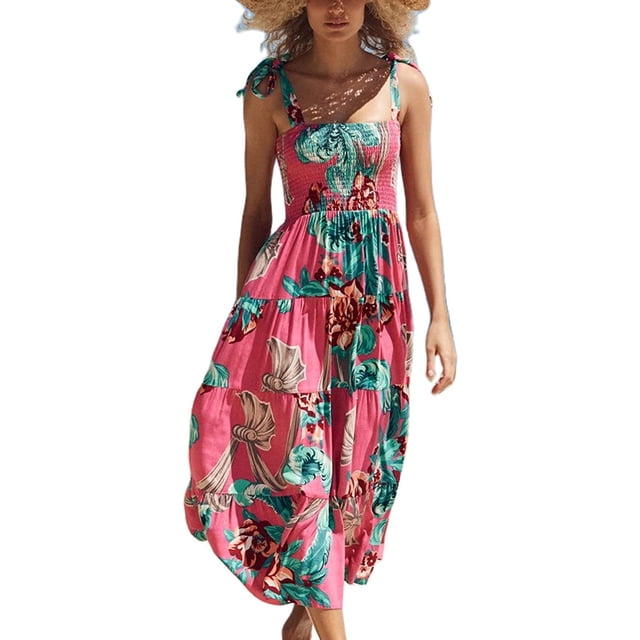 SMihono Robe Maxi Bohème d'Été pour Femmes Grande Taille Robe Sexy à Fleurs et Pois Sans Manches Col Carré Robe Longue Florale Robe de Plage