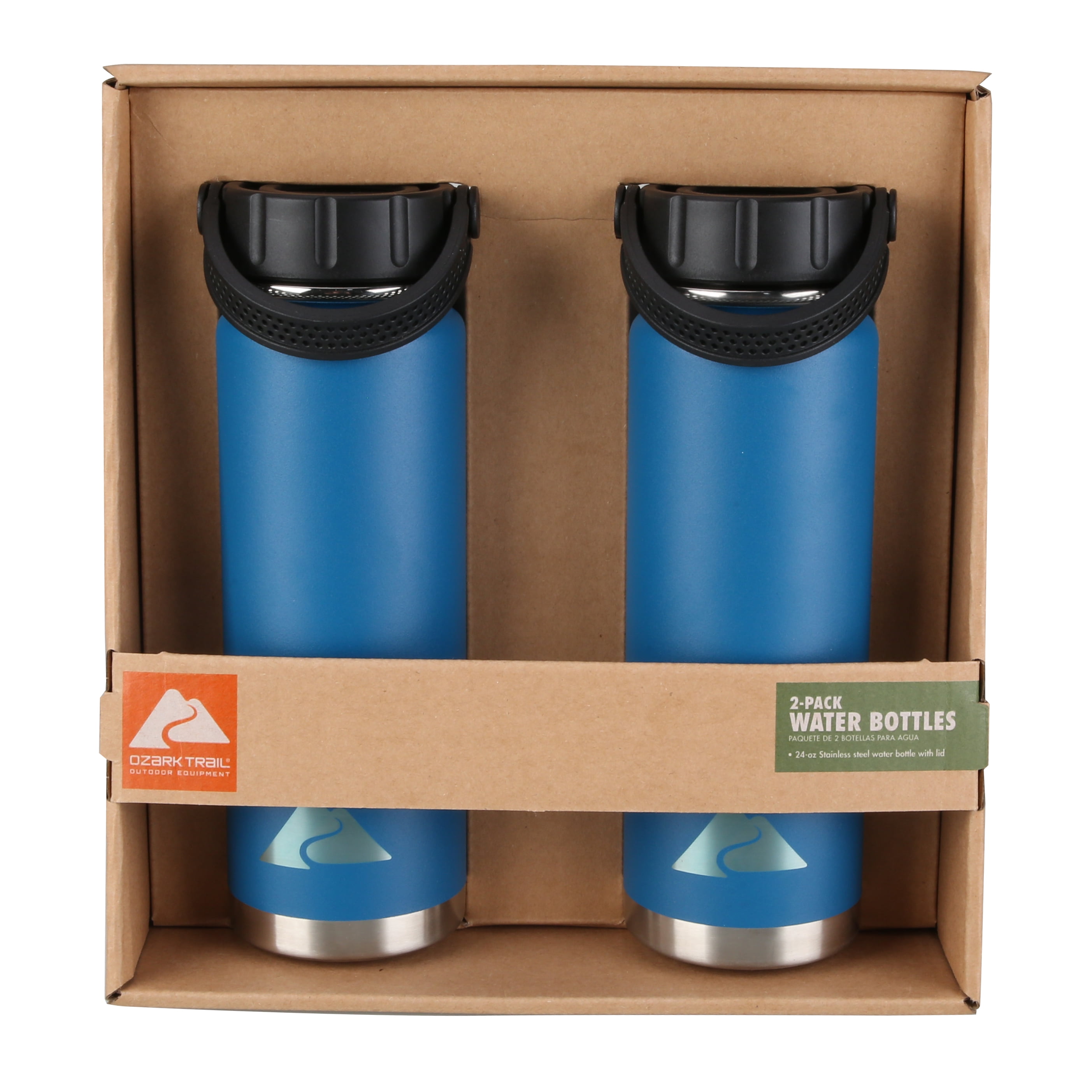 Ozark Trail 24 Ounce Double Wall Vacuum Sealed Stainless Steel Water Bottle, 2 Pack, Turq Night