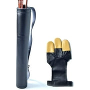 UNIVERSE ARCHERY Handmade Genuine Cow Hide Leather Back Arrow Quiver, Black (43 X 8 cm) and Genuine Cow Hide Leather Archery Three Finger Archery Gloves | Excellent Fitting.
