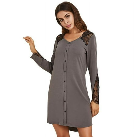 Keimprove Women Lingerie V Neck Satin Lace Chemise Nightgown Sexy Full Slips Sleepwear  Lace Stitching Solid Color Soft Sleepwear