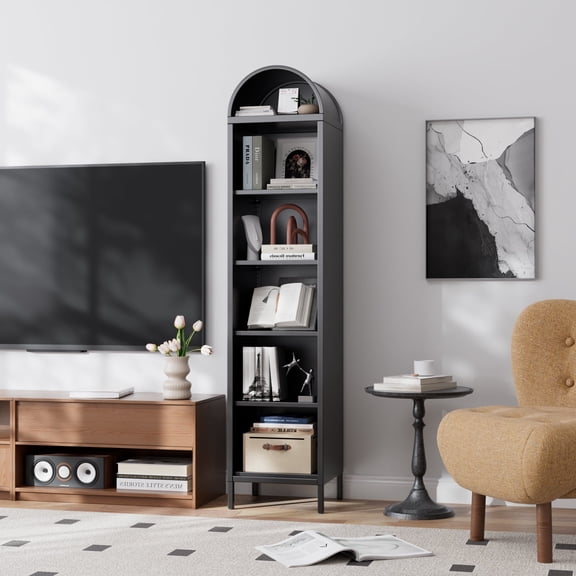 Aobabo Metal Arched Bookcase with 4 Adjustable Shelves,6 Tier Arch Display Bookshelf for Home, Office, Study Room, Assembly Required, Black,13.78"D x 16.26"W x 72.83"H