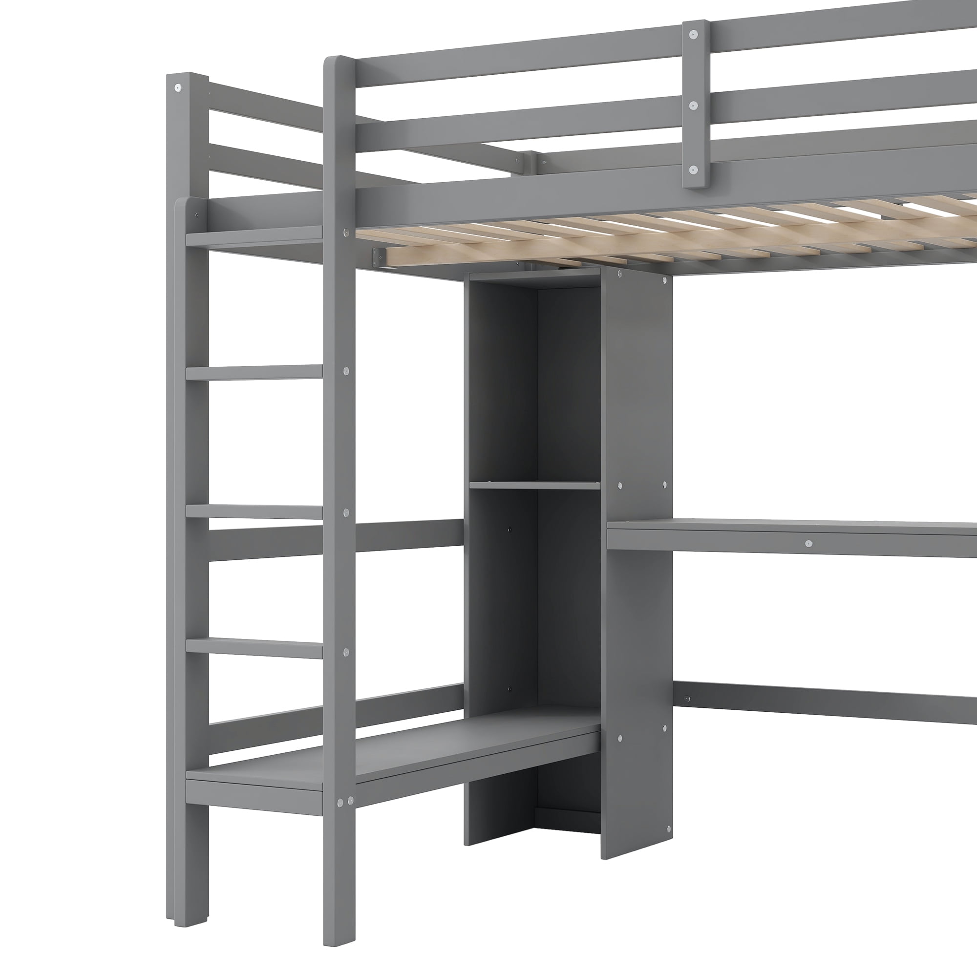 Euroco Full Size Loft Bed with Desk, Shelves and Cabinet for Kids Teens Room, Solid Wood Bed, Gray