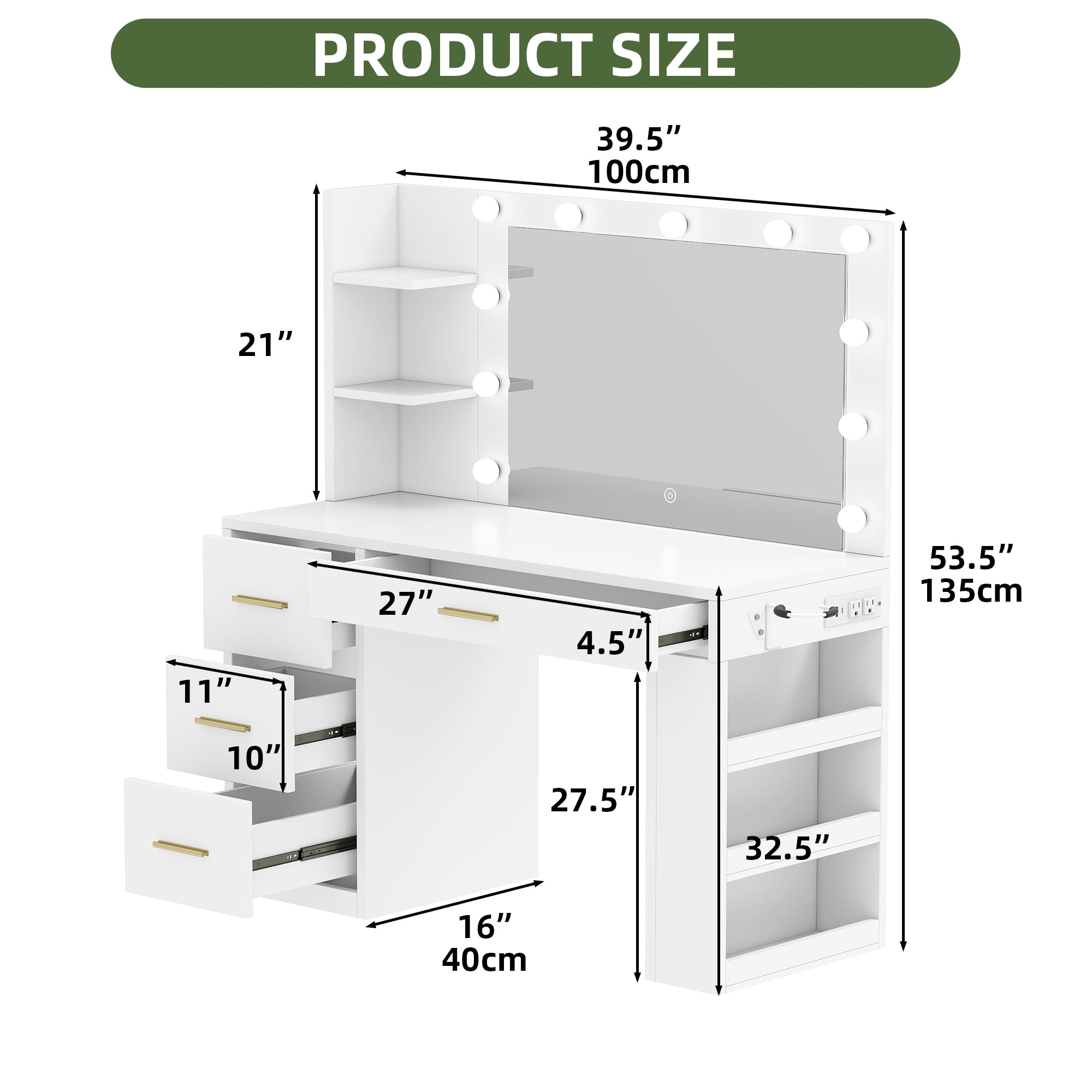 Uforic 40-Inch Makeup Vanity Desk with LED Mirror, Drawers, Shelves, and Power Outlets - White