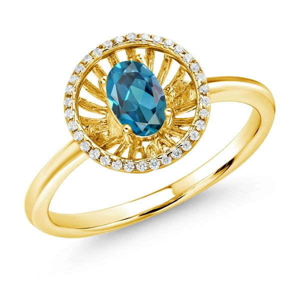 Gem Stone King 18K Yellow Gold Plated Silver London Blue Topaz Ring for Women (1.08 Cttw, Oval 6X4MM, Gemstone November Birthstone, Size 6)