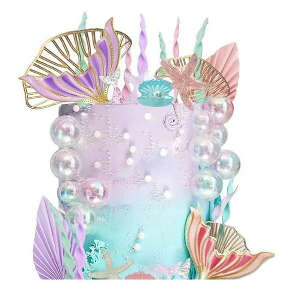 JUMRHFAN 32Pcs Mermaid Cake Topper, Under The Sea Cake Toppers Set with Seaweed Bubble Golden Leaves for Girl's Birthday