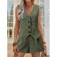 thumbnail image 2 of V-Neck Button-Decorated Vest Shorts Short Two-Piece Suit  Green S, 2 of 6