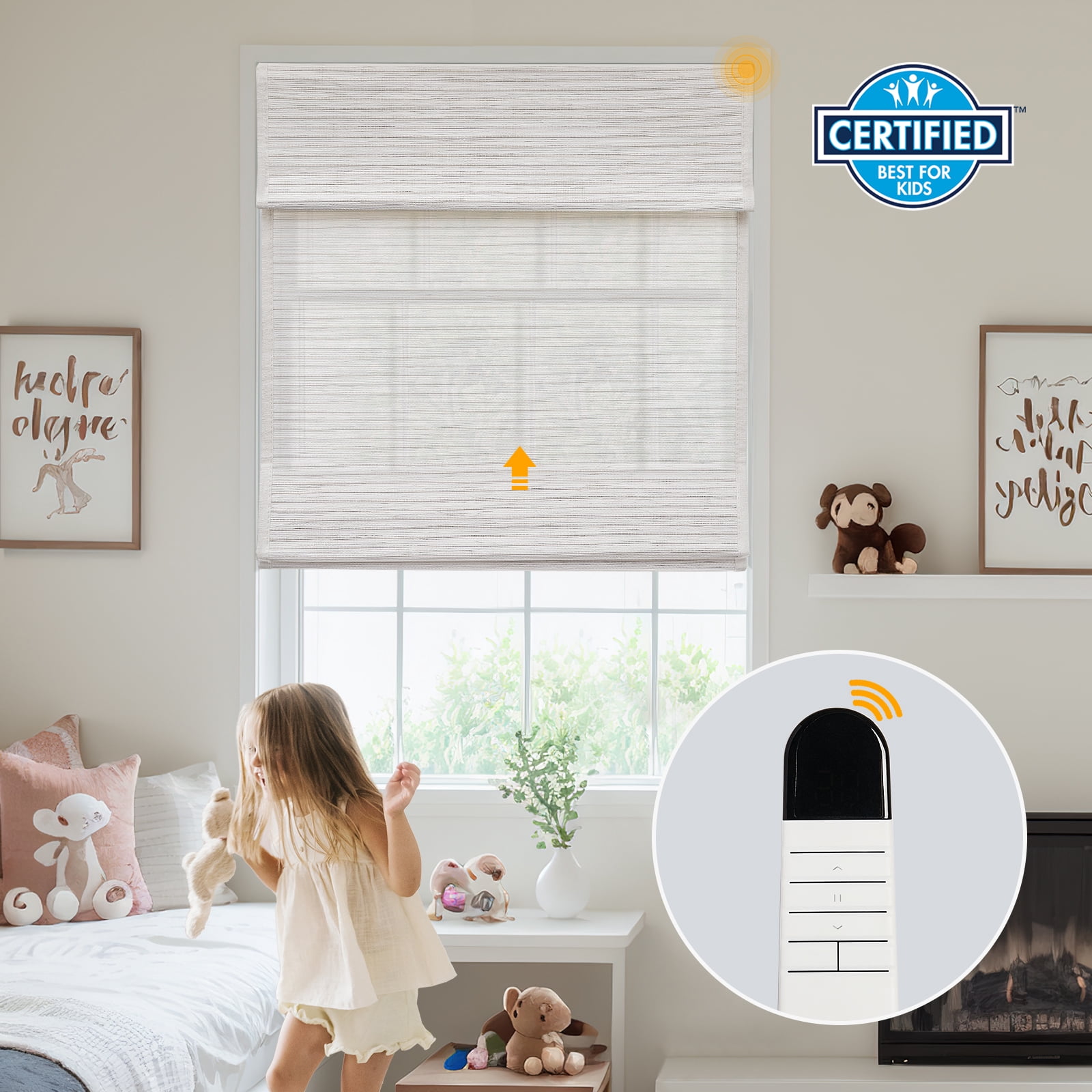 Keego No Drill Motorized Roman Shades Natural Fabric Rechargeable Electric Window Blinds Remote Control Room Darkening Window Treatment - White (with Linen, Block 40%-50% Light) - 56"W x 72"H
