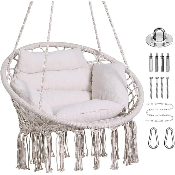 Hammock Chair, Macrame Hanging Swing Chairs with Cushion and Hardware Kit,Adult Boho Swings for Outside,Patio,Balcony,Bedroom (Beige)