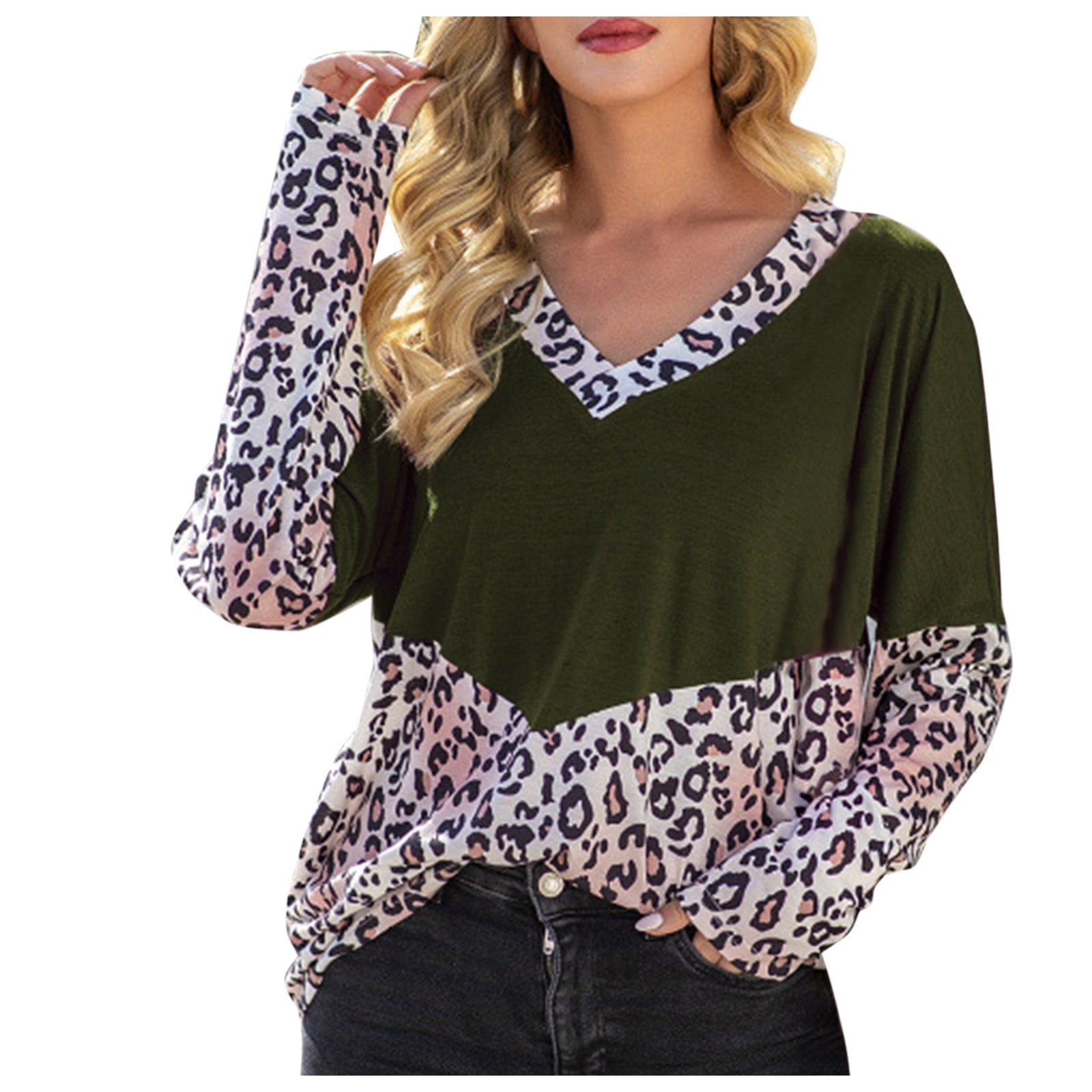 ❤️ Womens Leopard Print T Shirt Tops Casual Loose V Neck Short Sleeve Tee Blouse